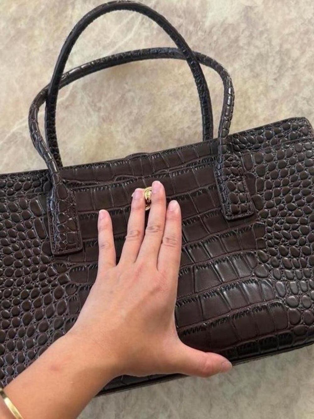 Structured Croc-Embossed Top-Handle Tote in Dark Brown